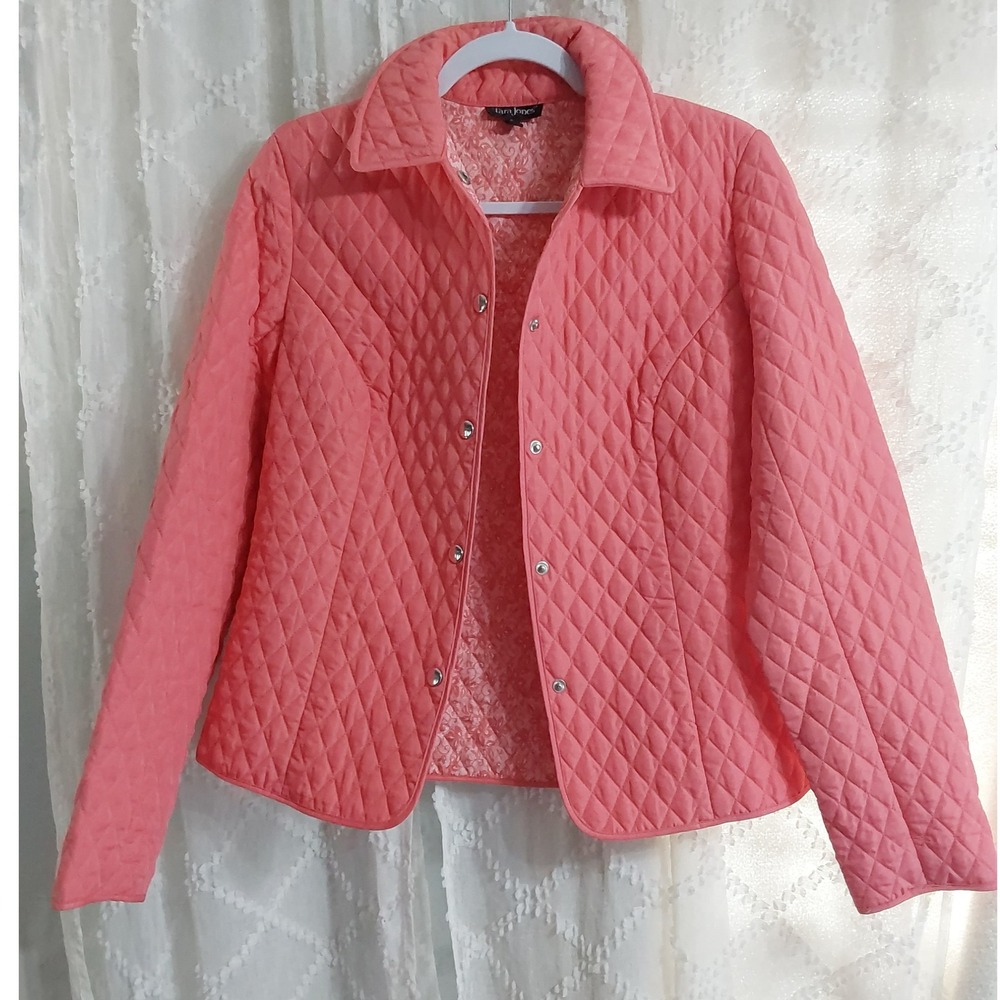 Tara Jones Coral Pink Quilted Diamond Stitch Snap Front Jacket Size 6